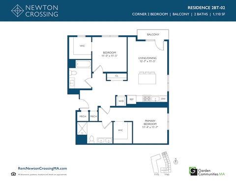 Floor plan for 2 beds, 2 baths, 1110 sqft